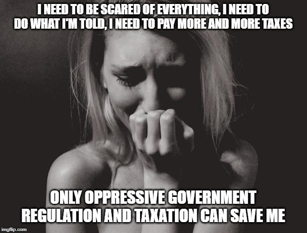 The perfect citizen | I NEED TO BE SCARED OF EVERYTHING, I NEED TO DO WHAT I'M TOLD, I NEED TO PAY MORE AND MORE TAXES; ONLY OPPRESSIVE GOVERNMENT REGULATION AND TAXATION CAN SAVE ME | image tagged in why you cryin,fear,government corruption,socialism,climate change,extinction | made w/ Imgflip meme maker