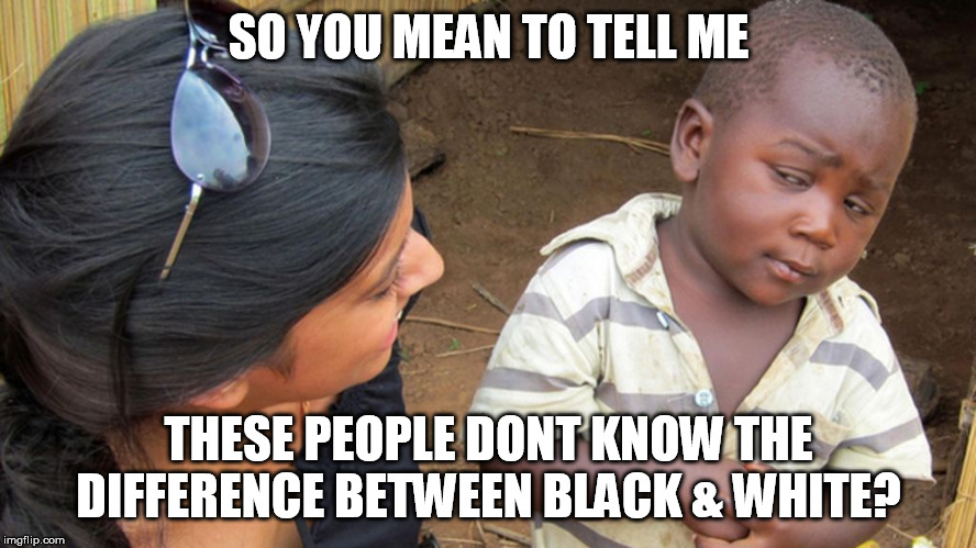 SO YOU MEAN TO TELL ME; THESE PEOPLE DONT KNOW THE DIFFERENCE BETWEEN BLACK & WHITE? | made w/ Imgflip meme maker