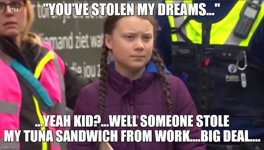 "YOU'VE STOLEN MY DREAMS..."; ...YEAH KID?...WELL SOMEONE STOLE MY TUNA SANDWICH FROM WORK....BIG DEAL.... | image tagged in greta thunberg,climate activist,funny | made w/ Imgflip meme maker