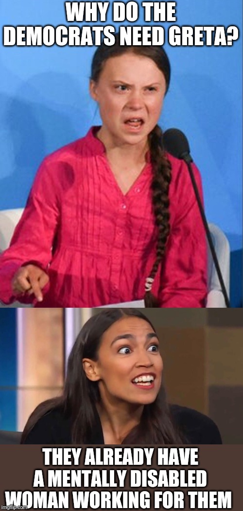 WHY DO THE DEMOCRATS NEED GRETA? THEY ALREADY HAVE A MENTALLY DISABLED WOMAN WORKING FOR THEM | image tagged in crazy aoc,greta thunberg how dare you | made w/ Imgflip meme maker