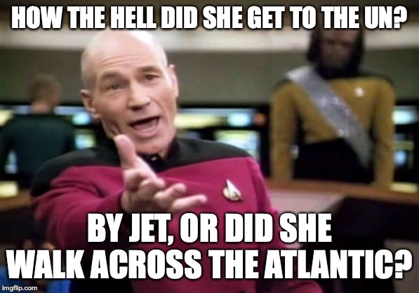 Picard Wtf Meme | HOW THE HELL DID SHE GET TO THE UN? BY JET, OR DID SHE WALK ACROSS THE ATLANTIC? | image tagged in memes,picard wtf | made w/ Imgflip meme maker