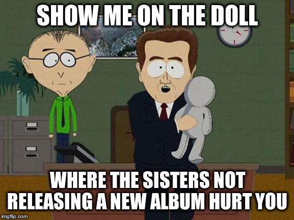 Show me on this doll | SHOW ME ON THE DOLL; WHERE THE SISTERS NOT RELEASING A NEW ALBUM HURT YOU | image tagged in show me on this doll | made w/ Imgflip meme maker