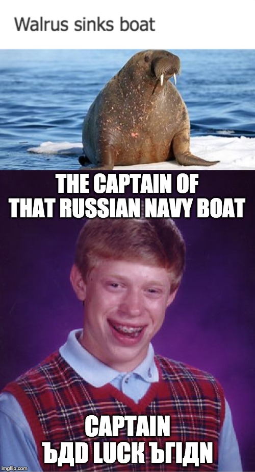 Kinda worrying how a single walrus sank an entire Russian navy boat | THE CAPTAIN OF THAT RUSSIAN NAVY BOAT; CAPTAIN ЪДD LUCК ЪГIДN | image tagged in memes,bad luck brian,funny | made w/ Imgflip meme maker