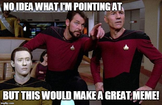 pointy riker | NO IDEA WHAT I'M POINTING AT; BUT THIS WOULD MAKE A GREAT MEME! | image tagged in pointy riker | made w/ Imgflip meme maker
