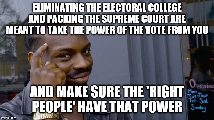 Roll Safe Think About It Meme | ELIMINATING THE ELECTORAL COLLEGE AND PACKING THE SUPREME COURT ARE MEANT TO TAKE THE POWER OF THE VOTE FROM YOU; AND MAKE SURE THE 'RIGHT PEOPLE' HAVE THAT POWER | image tagged in memes,roll safe think about it | made w/ Imgflip meme maker