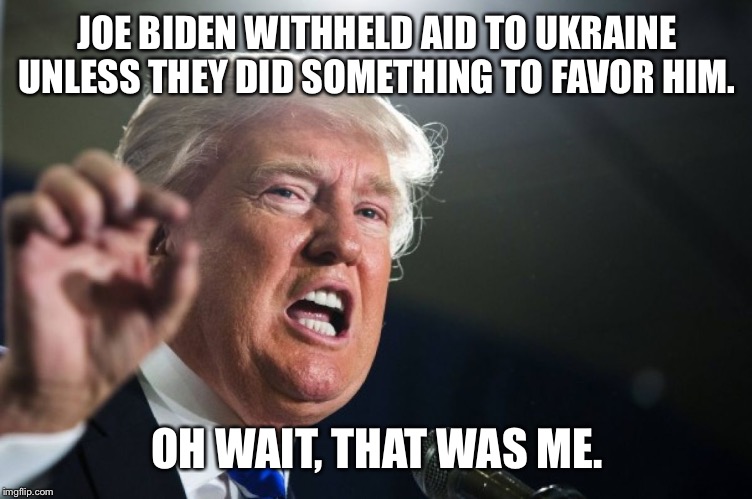If one is guilty the other is too. | JOE BIDEN WITHHELD AID TO UKRAINE UNLESS THEY DID SOMETHING TO FAVOR HIM. OH WAIT, THAT WAS ME. | image tagged in donald trump | made w/ Imgflip meme maker