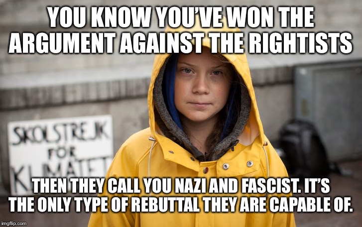 Like Flies to Poo They Love the Ad Hominem | YOU KNOW YOU’VE WON THE ARGUMENT AGAINST THE RIGHTISTS; THEN THEY CALL YOU NAZI AND FASCIST. IT’S THE ONLY TYPE OF REBUTTAL THEY ARE CAPABLE OF. | image tagged in greta thunberg,trump is literally hitler,pots and kettles | made w/ Imgflip meme maker