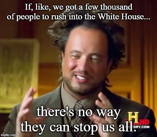 Ancient Aliens Meme | If, like, we got a few thousand of people to rush into the White House... there's no way they can stop us all. | image tagged in memes,ancient aliens | made w/ Imgflip meme maker