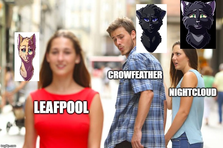 Distracted Boyfriend Meme | CROWFEATHER; NIGHTCLOUD; LEAFPOOL | image tagged in memes,distracted boyfriend,warrior cats | made w/ Imgflip meme maker