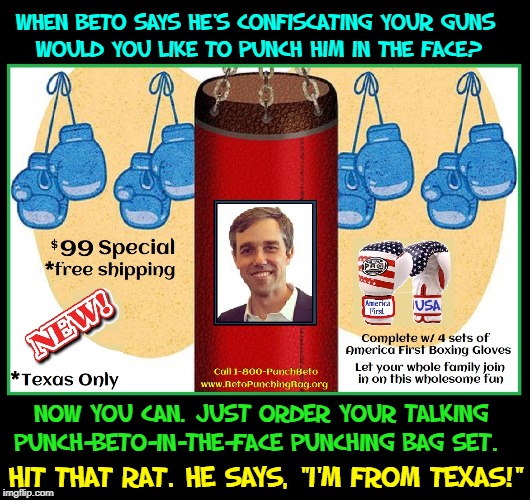 Does Beto's Very Face Make You Nauseous? | WHEN BETO SAYS HE'S CONFISCATING YOUR GUNS  
 WOULD YOU LIKE TO PUNCH HIM IN THE FACE? NOW YOU CAN. JUST ORDER YOUR TALKING 
 PUNCH-BETO-IN-THE-FACE PUNCHING BAG SET. HIT THAT RAT. HE SAYS, "I'M FROM TEXAS!" | image tagged in vince vance,boxing gloves,america first,punching bag,robert francis o'rourke,texas hates beto | made w/ Imgflip meme maker