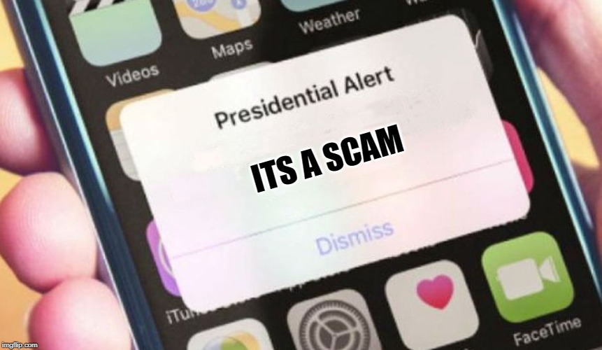 Presidential Alert Meme |  ITS A SCAM | image tagged in memes,presidential alert | made w/ Imgflip meme maker