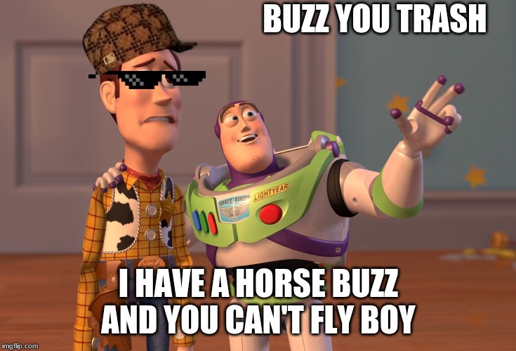 X, X Everywhere | BUZZ YOU TRASH; I HAVE A HORSE BUZZ AND YOU CAN'T FLY BOY | image tagged in memes,x x everywhere | made w/ Imgflip meme maker