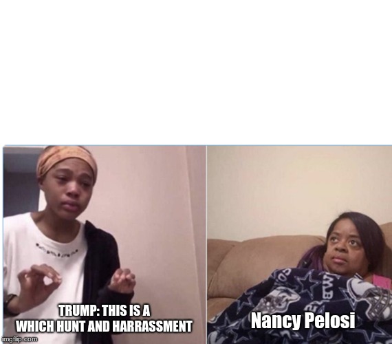girl crying to her mum |  TRUMP: THIS IS A WHICH HUNT AND HARRASSMENT; Nancy Pelosi | image tagged in girl crying to her mum | made w/ Imgflip meme maker