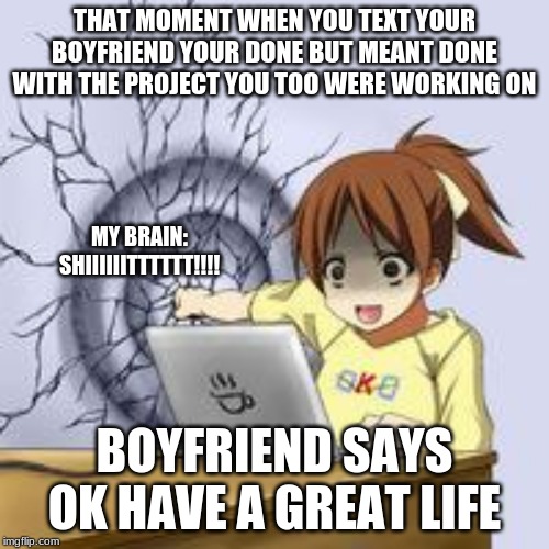 Anime wall punch | THAT MOMENT WHEN YOU TEXT YOUR BOYFRIEND YOUR DONE BUT MEANT DONE WITH THE PROJECT YOU TOO WERE WORKING ON; MY BRAIN: SHIIIIIITTTTTT!!!! BOYFRIEND SAYS OK HAVE A GREAT LIFE | image tagged in anime wall punch | made w/ Imgflip meme maker
