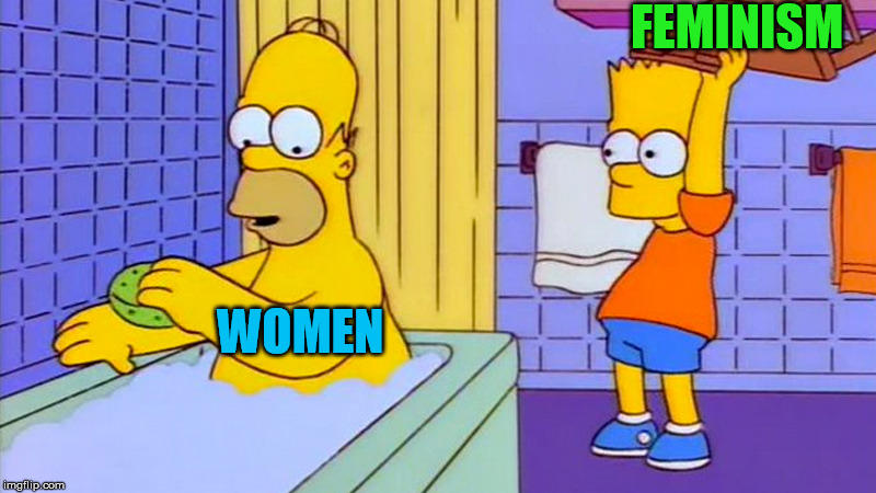 Feminism is destroying women and men. | FEMINISM; WOMEN | image tagged in bart hitting homer with a chair,politics | made w/ Imgflip meme maker