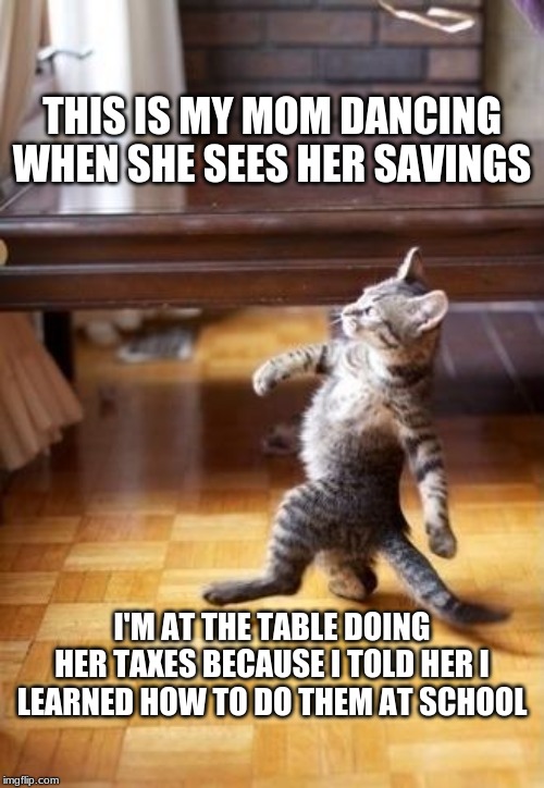 Cool Cat Stroll Meme | THIS IS MY MOM DANCING WHEN SHE SEES HER SAVINGS; I'M AT THE TABLE DOING HER TAXES BECAUSE I TOLD HER I LEARNED HOW TO DO THEM AT SCHOOL | image tagged in memes,cool cat stroll | made w/ Imgflip meme maker