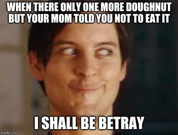 Spiderman Peter Parker | WHEN THERE ONLY ONE MORE DOUGHNUT BUT YOUR MOM TOLD YOU NOT TO EAT IT; I SHALL BE BETRAY | image tagged in memes,spiderman peter parker | made w/ Imgflip meme maker