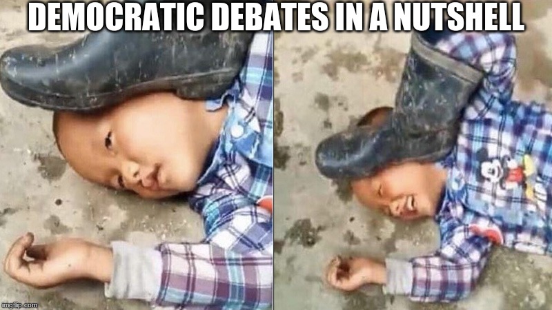 They hurt themselves in their confusion | DEMOCRATIC DEBATES IN A NUTSHELL | image tagged in pressing a boot on your own head | made w/ Imgflip meme maker
