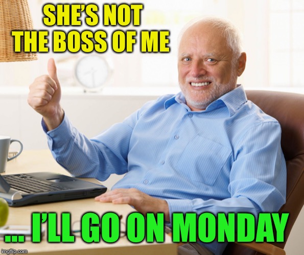 Hide the pain harold | SHE’S NOT THE BOSS OF ME ... I’LL GO ON MONDAY | image tagged in hide the pain harold | made w/ Imgflip meme maker
