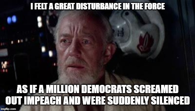 I felt a great disturbance in the Democrats | I FELT A GREAT DISTURBANCE IN THE FORCE; AS IF A MILLION DEMOCRATS SCREAMED OUT IMPEACH AND WERE SUDDENLY SILENCED | image tagged in disturbance in the force,democrats,funny,impeach trump,impeach fail | made w/ Imgflip meme maker