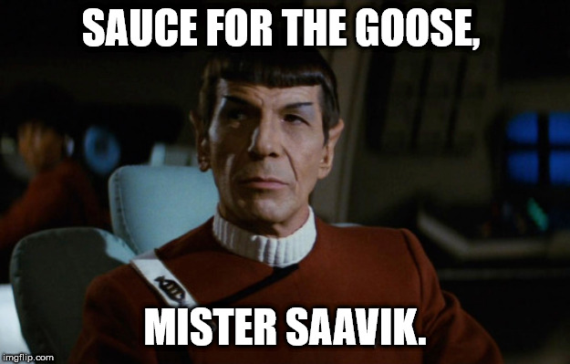 Spock Sauce | SAUCE FOR THE GOOSE, MISTER SAAVIK. | image tagged in mr spock | made w/ Imgflip meme maker