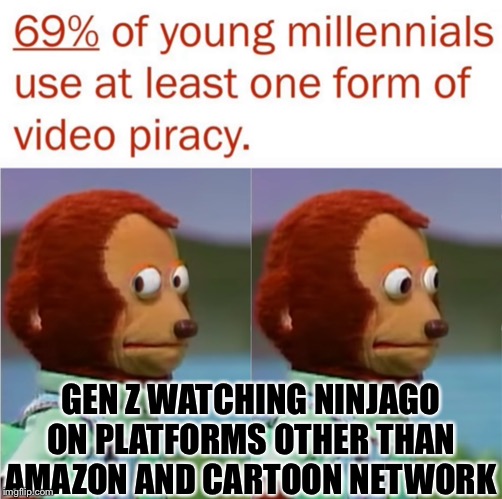 GEN Z WATCHING NINJAGO ON PLATFORMS OTHER THAN AMAZON AND CARTOON NETWORK | image tagged in puppet monkey looking away | made w/ Imgflip meme maker