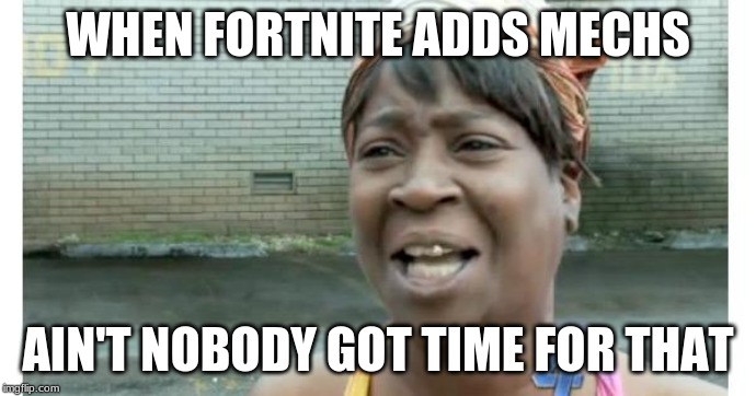 ain't nobody got time for that | WHEN FORTNITE ADDS MECHS; AIN'T NOBODY GOT TIME FOR THAT | image tagged in ain't nobody got time for that | made w/ Imgflip meme maker