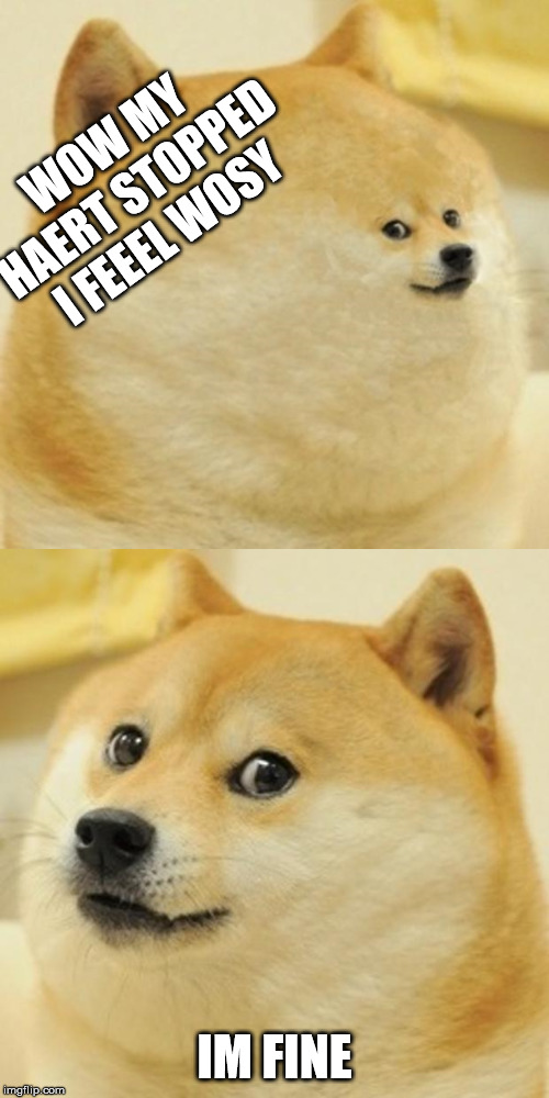 WOW MY HAERT STOPPED I FEEEL WOSY; IM FINE | image tagged in memes,doge,fat doge wow | made w/ Imgflip meme maker