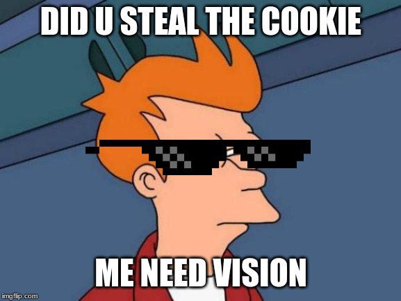 Futurama Fry | DID U STEAL THE COOKIE; ME NEED VISION | image tagged in memes,futurama fry | made w/ Imgflip meme maker