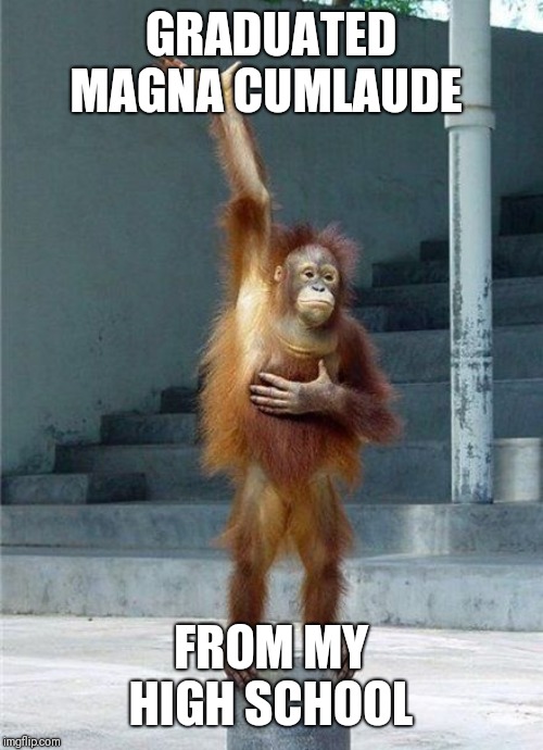 Monkey Raising Hand | GRADUATED MAGNA CUMLAUDE FROM MY HIGH SCHOOL | image tagged in monkey raising hand | made w/ Imgflip meme maker