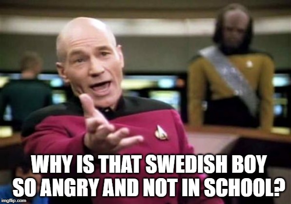 Picard Wtf Meme | WHY IS THAT SWEDISH BOY SO ANGRY AND NOT IN SCHOOL? | image tagged in memes,picard wtf | made w/ Imgflip meme maker