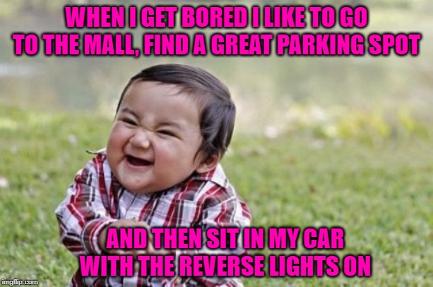Then if they honk...go inside... | WHEN I GET BORED I LIKE TO GO TO THE MALL, FIND A GREAT PARKING SPOT; AND THEN SIT IN MY CAR WITH THE REVERSE LIGHTS ON | image tagged in memes,evil toddler,boredom,funny,going to the mall,changing lives | made w/ Imgflip meme maker