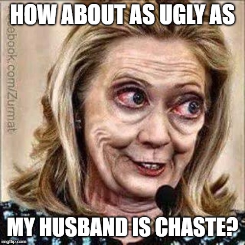 Ugly Hillary | HOW ABOUT AS UGLY AS; MY HUSBAND IS CHASTE? | image tagged in ugly hillary | made w/ Imgflip meme maker