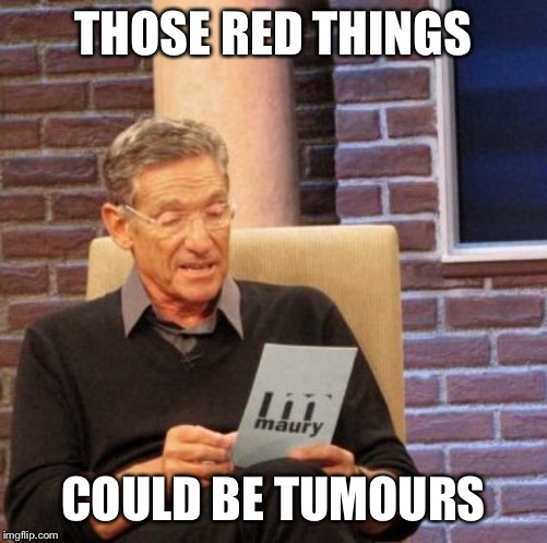 Maury Lie Detector Meme | THOSE RED THINGS COULD BE TUMOURS | image tagged in memes,maury lie detector | made w/ Imgflip meme maker
