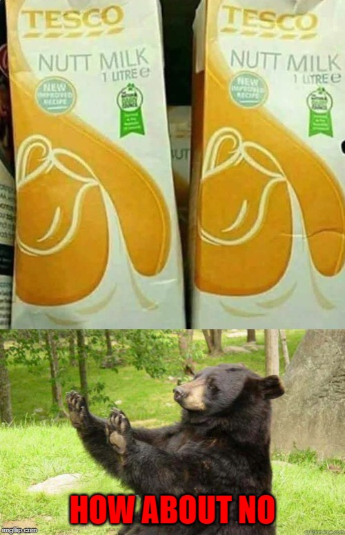 Yeah...somebody needs to rethink that design!!! | HOW ABOUT NO | image tagged in how about no bear,memes,nutt milk,funny,i don't think so,marketing | made w/ Imgflip meme maker