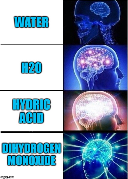 Expanding Brain | WATER; H20; HYDRIC ACID; DIHYDROGEN MONOXIDE | image tagged in memes,expanding brain | made w/ Imgflip meme maker