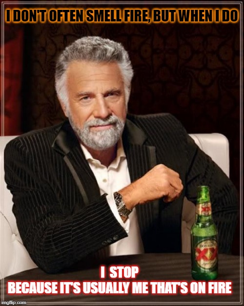The Most Interesting Man In The World | I DON'T OFTEN SMELL FIRE, BUT WHEN I DO; I  STOP
BECAUSE IT'S USUALLY ME THAT'S ON FIRE | image tagged in memes,the most interesting man in the world | made w/ Imgflip meme maker