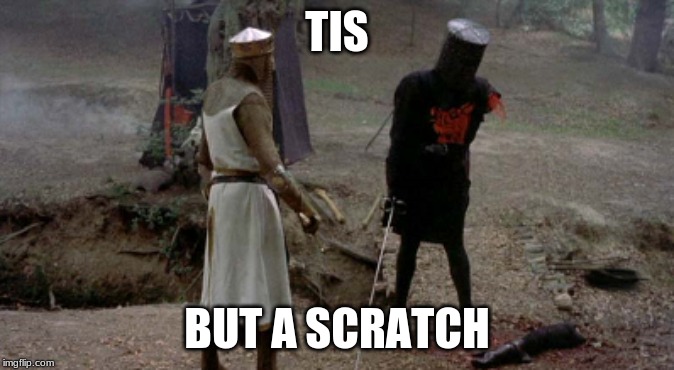 Tis but a scratch | TIS; BUT A SCRATCH | image tagged in monty python and the holy grail | made w/ Imgflip meme maker