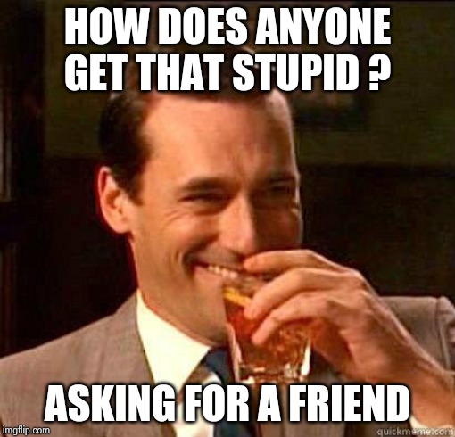 Laughing Don Draper | HOW DOES ANYONE GET THAT STUPID ? ASKING FOR A FRIEND | image tagged in laughing don draper | made w/ Imgflip meme maker