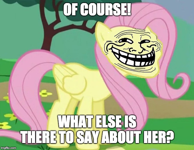 Fluttertroll | OF COURSE! WHAT ELSE IS THERE TO SAY ABOUT HER? | image tagged in fluttertroll | made w/ Imgflip meme maker