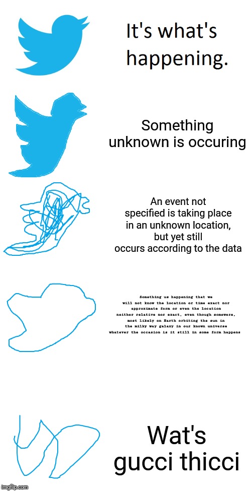 Increasingly Verbose - Twitter | Something unknown is occuring; An event not specified is taking place in an unknown location, but yet still occurs according to the data; Something us happening that we will not know the location or time exact nor approximate form or even the location neither relative nor exact, even though somewere, most likely on Earth orbiting the sun in the milky way galaxy in our known universe whatever the occasion is it still in some form happens; Wat's gucci thicci | image tagged in increasingly verbose - twitter | made w/ Imgflip meme maker