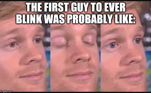 Blinking guy | THE FIRST GUY TO EVER BLINK WAS PROBABLY LIKE: | image tagged in blinking guy | made w/ Imgflip meme maker