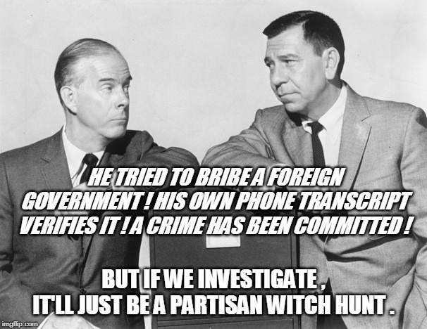 HE TRIED TO BRIBE A FOREIGN GOVERNMENT ! HIS OWN PHONE TRANSCRIPT VERIFIES IT ! A CRIME HAS BEEN COMMITTED ! BUT IF WE INVESTIGATE , IT'LL JUST BE A PARTISAN WITCH HUNT . | image tagged in trump,ukraine,bribe | made w/ Imgflip meme maker