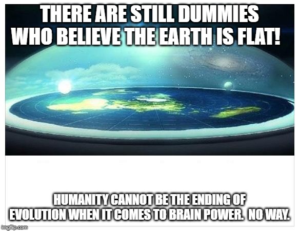 Flat Earth Dome | THERE ARE STILL DUMMIES WHO BELIEVE THE EARTH IS FLAT! HUMANITY CANNOT BE THE ENDING OF EVOLUTION WHEN IT COMES TO BRAIN POWER.  NO WAY. | image tagged in flat earth dome | made w/ Imgflip meme maker