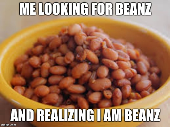 beanz | ME LOOKING FOR BEANZ; AND REALIZING I AM BEANZ | image tagged in beans | made w/ Imgflip meme maker