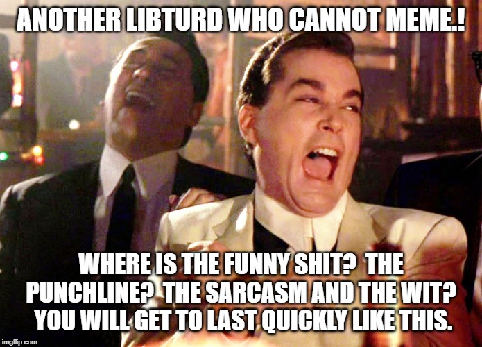 Good Fellas Hilarious Meme | ANOTHER LIBTURD WHO CANNOT MEME.! WHERE IS THE FUNNY SHIT?  THE PUNCHLINE?  THE SARCASM AND THE WIT?  YOU WILL GET TO LAST QUICKLY LIKE THIS | image tagged in memes,good fellas hilarious | made w/ Imgflip meme maker