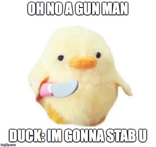 Duck with knife | OH NO A GUN MAN; DUCK: IM GONNA STAB U | image tagged in duck with knife | made w/ Imgflip meme maker