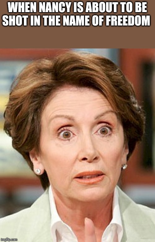 shocked nancy pelosi | WHEN NANCY IS ABOUT TO BE SHOT IN THE NAME OF FREEDOM | image tagged in shocked nancy pelosi | made w/ Imgflip meme maker