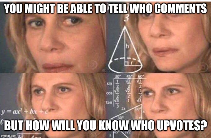 Math lady/Confused lady | YOU MIGHT BE ABLE TO TELL WHO COMMENTS BUT HOW WILL YOU KNOW WHO UPVOTES? | image tagged in math lady/confused lady | made w/ Imgflip meme maker