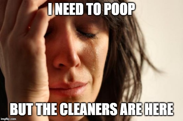 First World Problems Meme | I NEED TO POOP; BUT THE CLEANERS ARE HERE | image tagged in memes,first world problems,AdviceAnimals | made w/ Imgflip meme maker